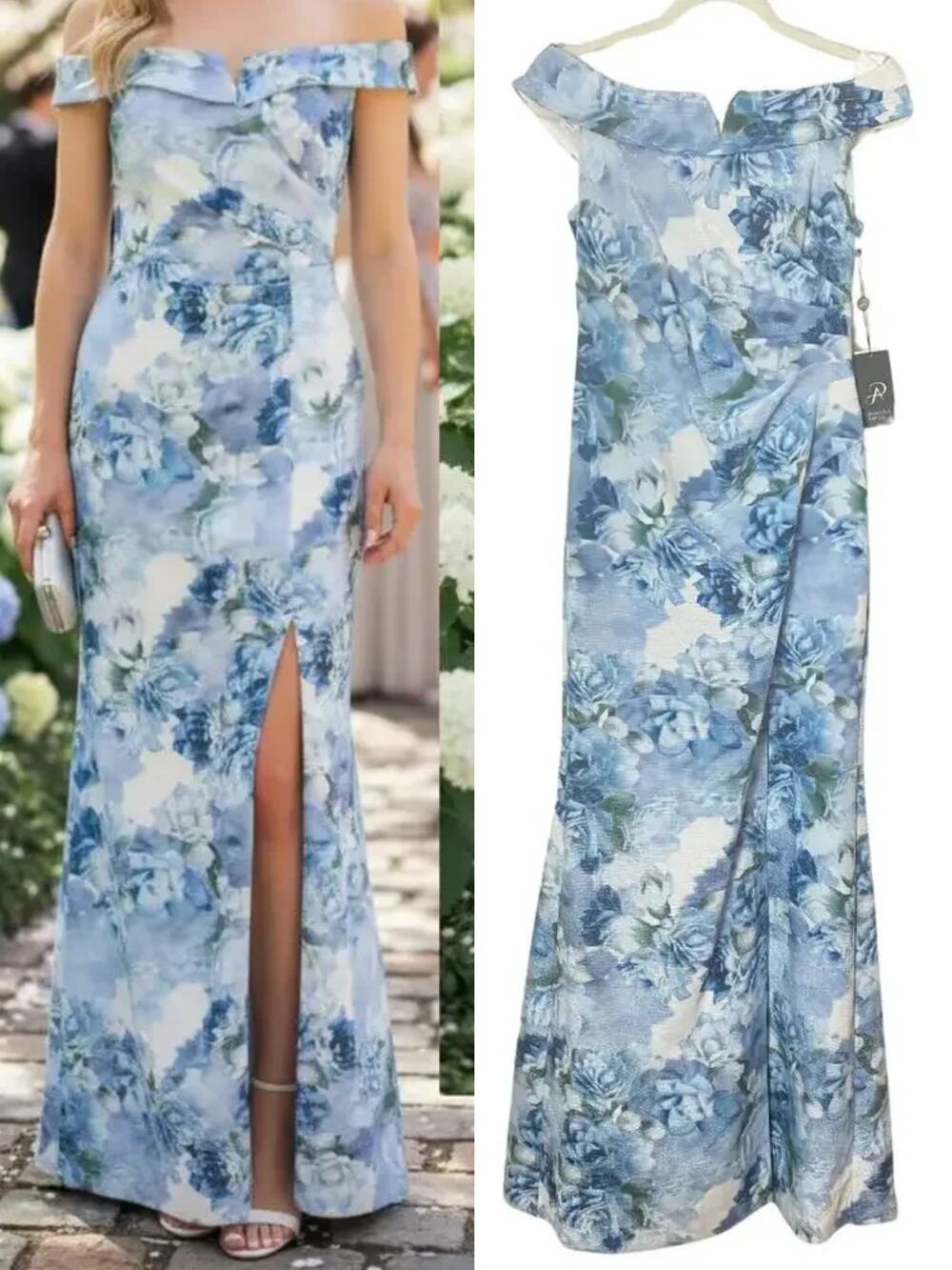 Adrianna Papell Blue Metallic Dress Wedding Guest Gown Evening Formal